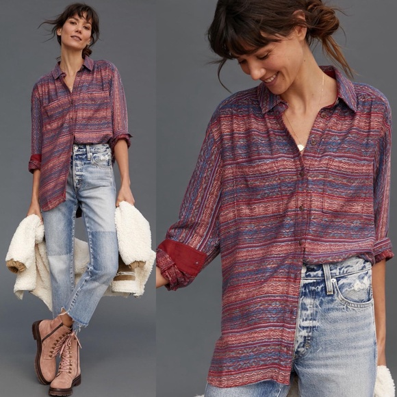 Anthropologie Tops - Pilcro Anthropologie Seamed Tunic Buttondown in Metallic Plum Small Wool Blend
